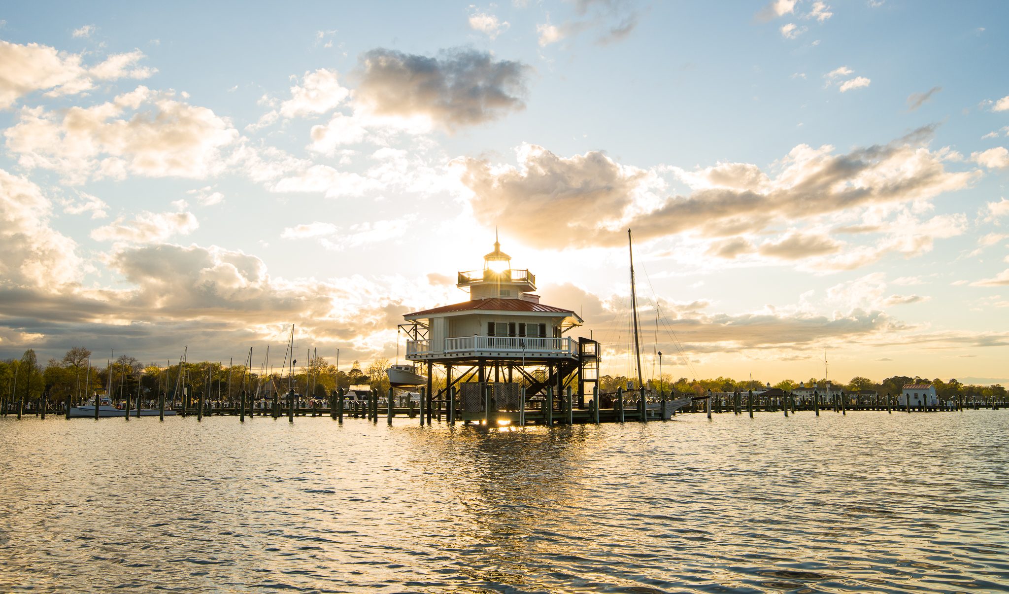 The Choptank River Lighthouse at dusk on the Cambridge waterfront