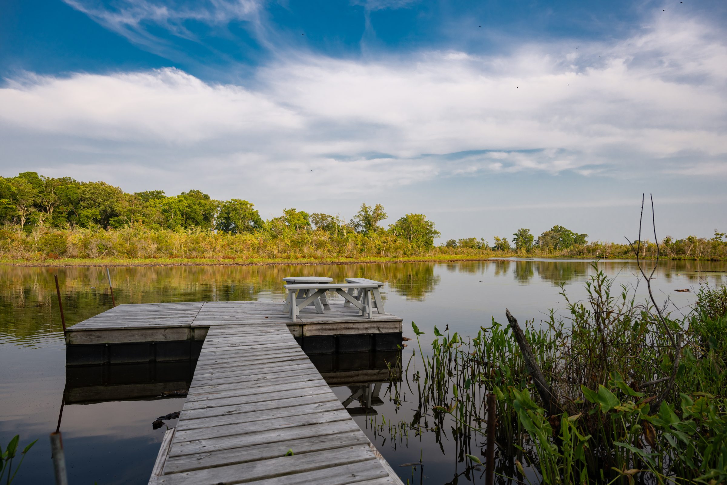 Private dock with picnic table on the Little Blackwater River at golden hour