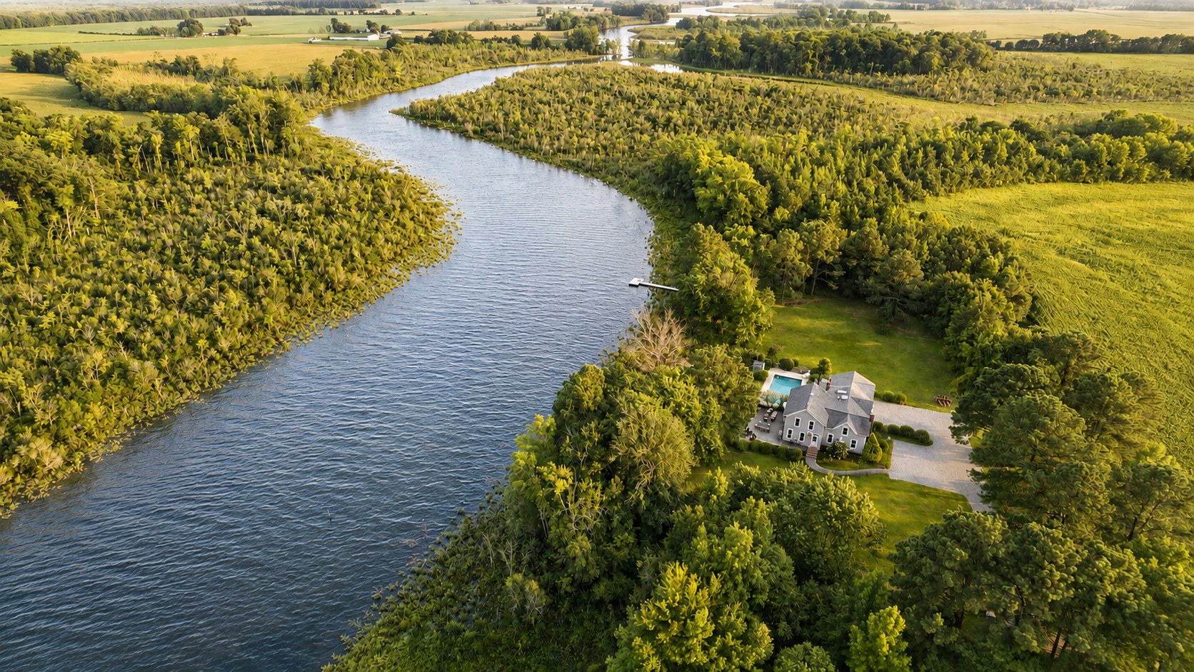 Aerial view of the Little Blackwater River winding through wetland and farm fields