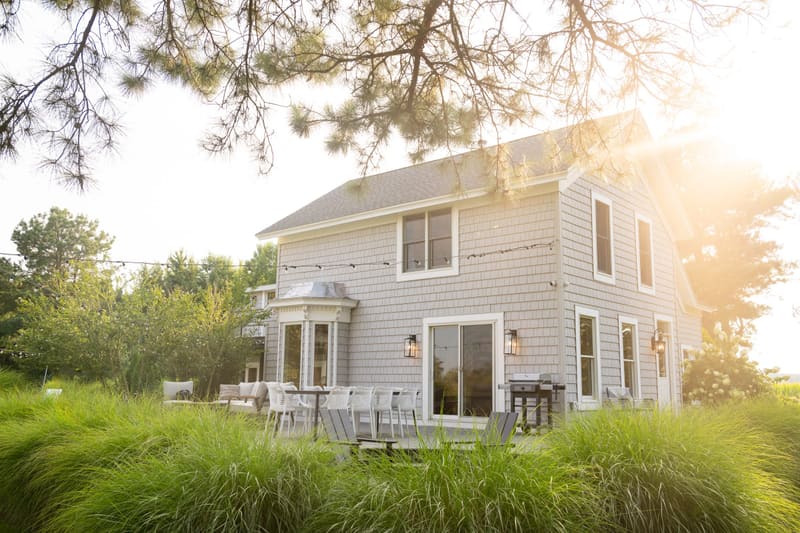 The farmhouse in late afternoon light behind tall grasses