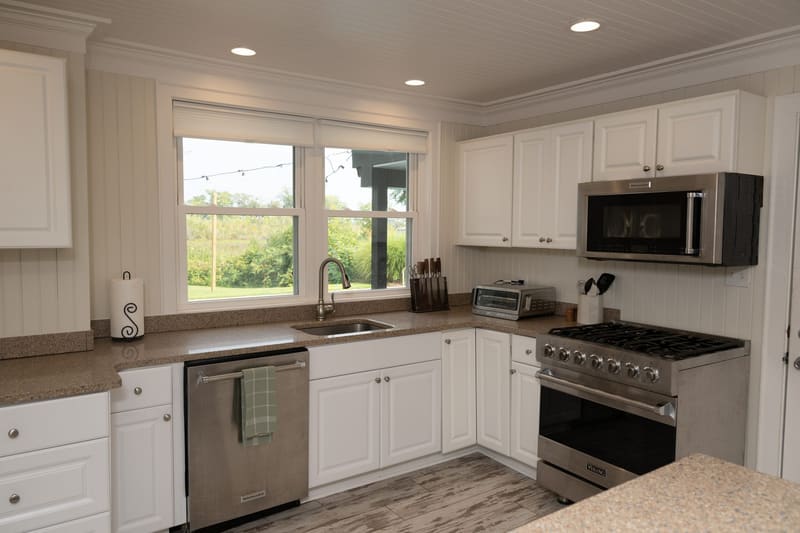 The kitchen range and prep counter